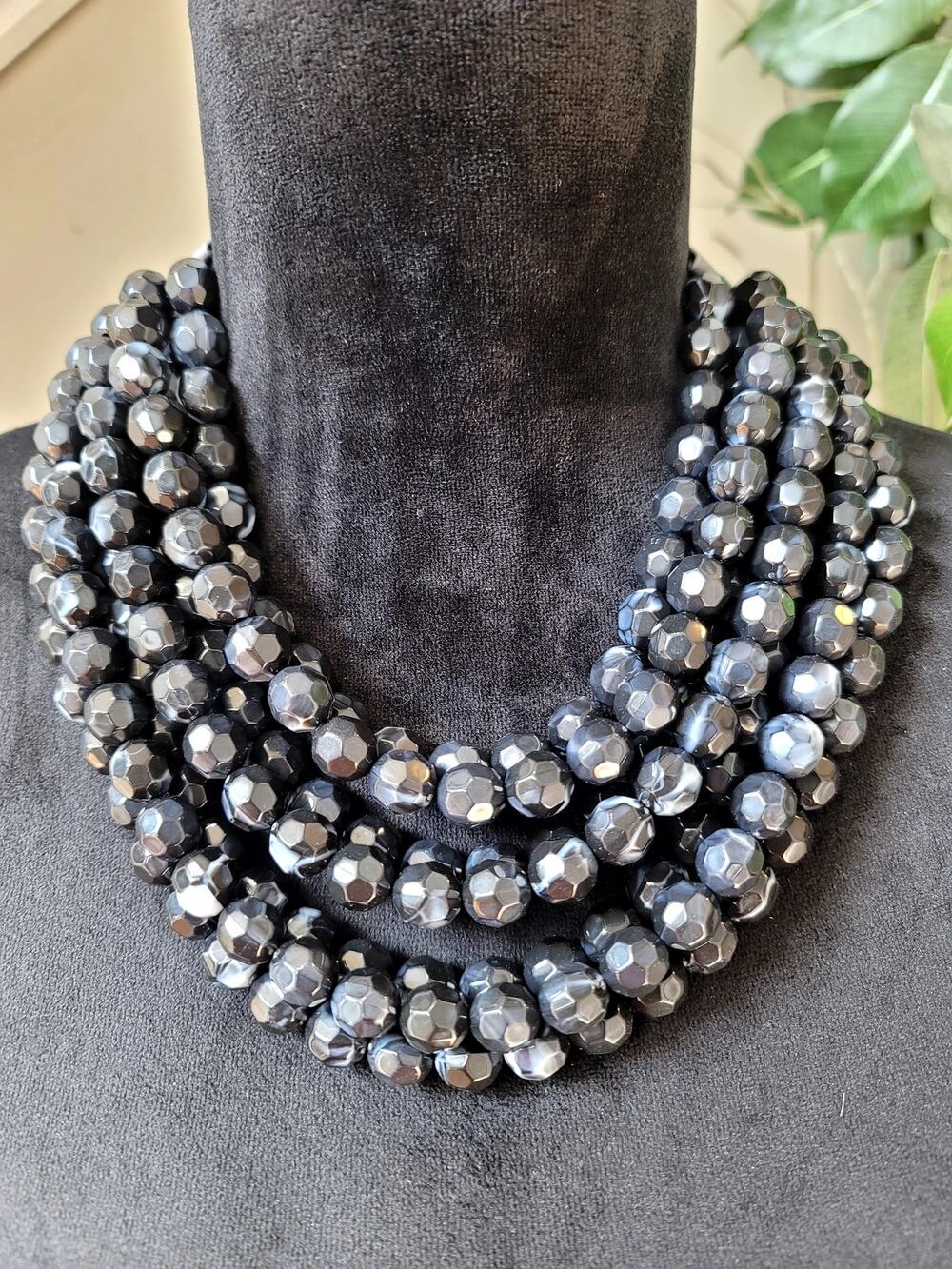Black & Silver Faceted Beaded Multi Strand Statement Necklace Chunky Collar